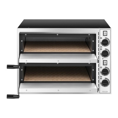 Forno duplo elétrico branco com painel lateral e portas abertas.