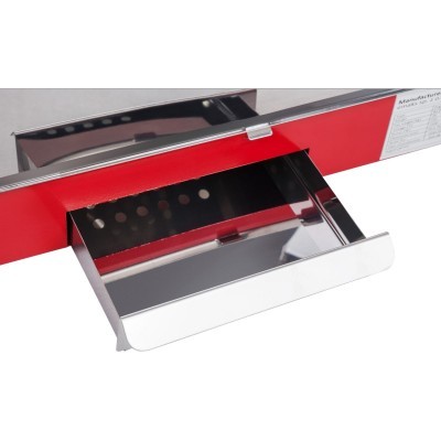 dispositivo metálico com gaveta cromada e estrutura vermelha