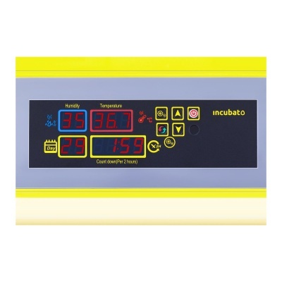 Painel digital de incubador amarelo e cinzento com indicadores de humidade, temperatura, dia e hora