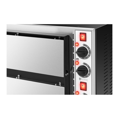 Forno eléctrico com porta de aço inoxidável e painel de controlo com botões e luzes