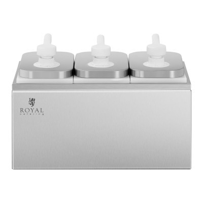 Dispenser de aço inoxidável com três recipientes brancos e conta-gotas