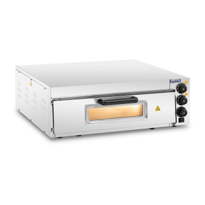 Forno de pizza compacto em aço inoxidável com porta de vidro e botões de controlo