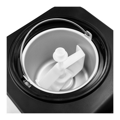 Interior de máquina de gelado com pá de mistura branca e borda preta