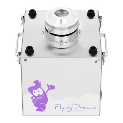 Caixa metálica prateada com desenho e texto roxo Flying Dreams
