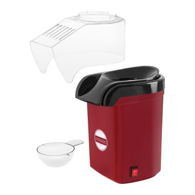 Máquina de pipocas vermelha e preta com tampa transparente e copo medidor