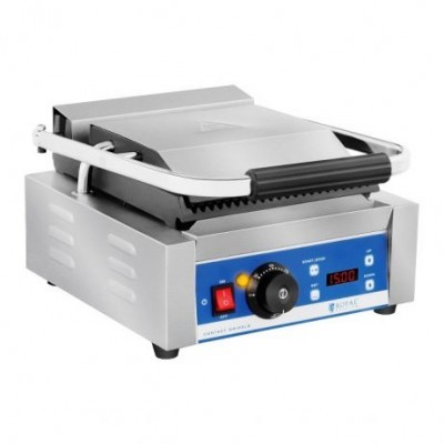 Grelhador eléctrico inox com painel azul, visor digital e pega preta