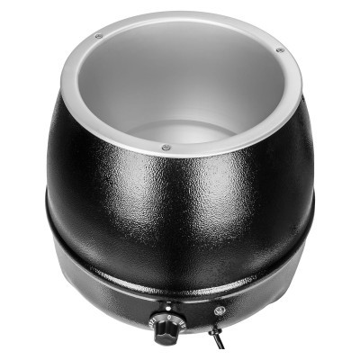 Panela aquecedor preto e prateado com botão regulador