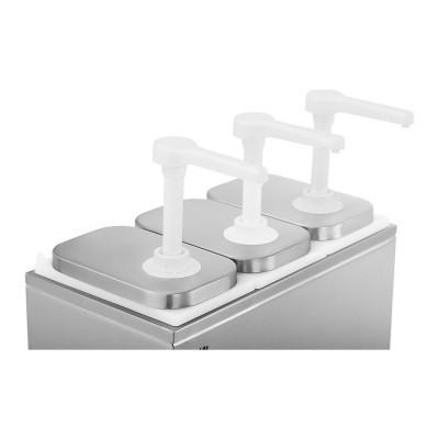 Três dispensadores de líquidos com base em aço inoxidável e bombas brancas