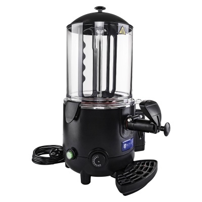 Máquina para chocolate quente preta com recipiente transparente e torneira para servir.