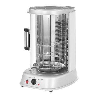 Máquina de assar prateada com corpo de vidro e botão preto