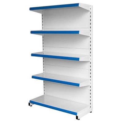Estante metálica branca com bordas azuis e cinco prateleiras ajustáveis