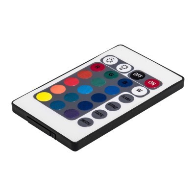 Comando remoto retangular para controle de luzes com botões coloridos e texto em inglês