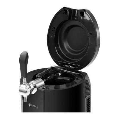 Máquina de cerveja preta com torneira e tampa aberta