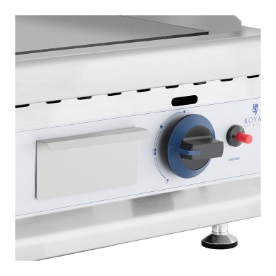 Chapa grelhadora em aço inox com botão rotativo azul e botão vermelho na parte frontal