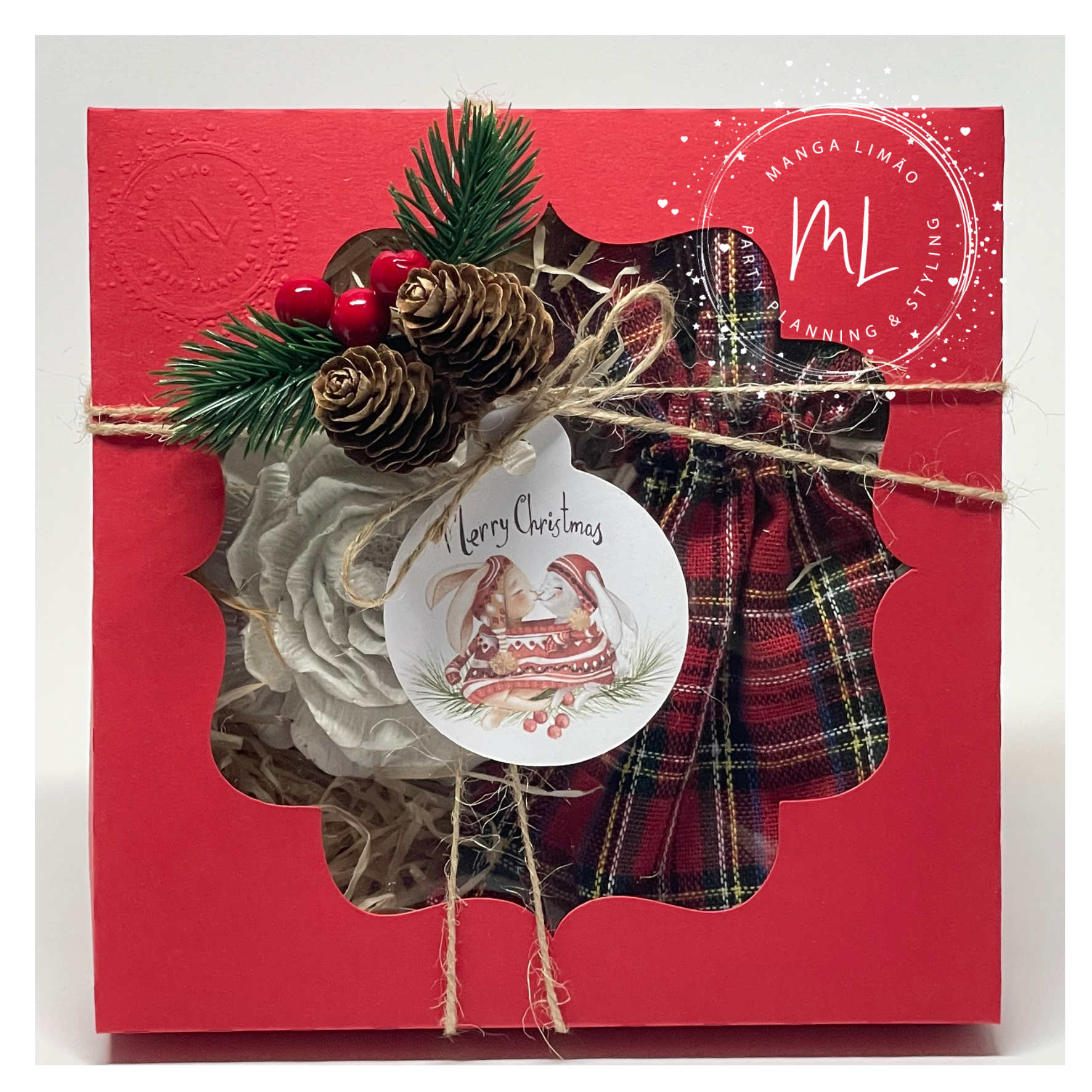 Flor de Peónia em Gesso Perfumado com Saco Xadrez – Edição Especial de Natal