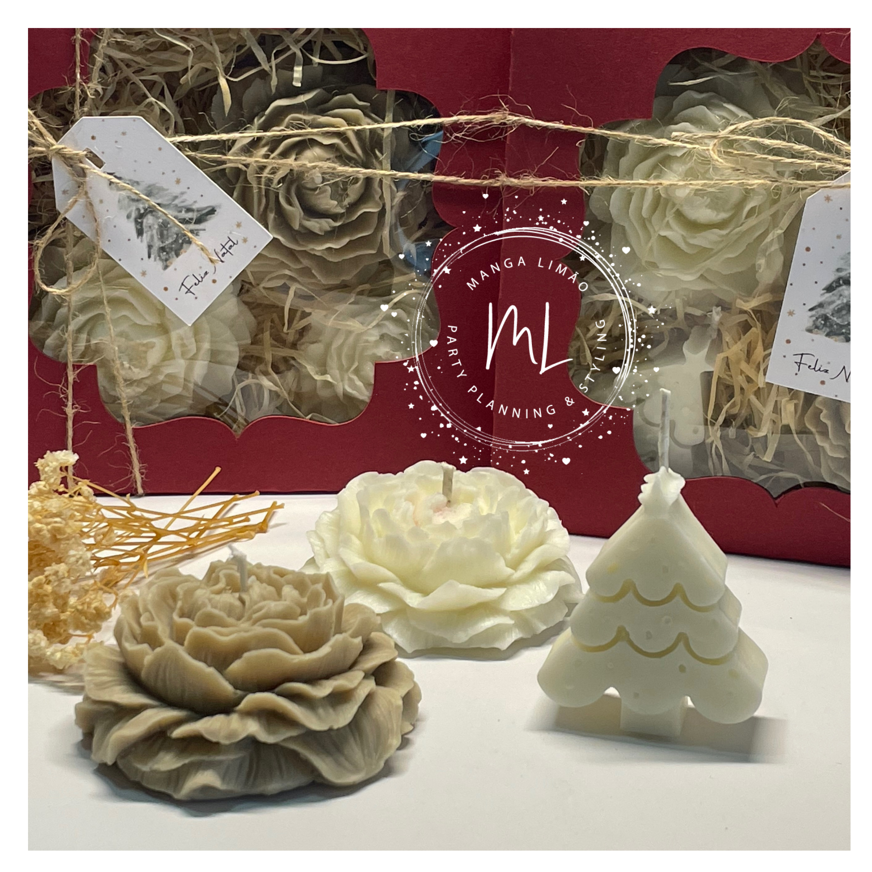 Caixa Presente Trio Velas Artesanais Flor Peónia – Tons Pastel – Aroma Maçã & Canela | Manga Limão