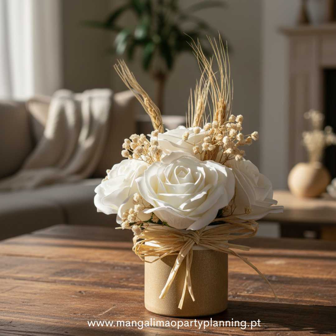 Arranjo Artesanal com 6 Rosas Brancas de sabão e Flores Secas Naturais