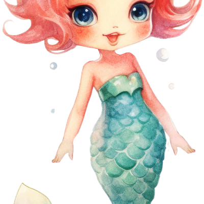 Desenho de sereia com cabelo rosa e cauda azul envolta em bolhas