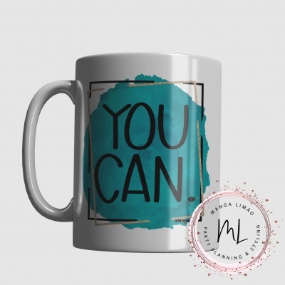 Caneca branca com texto 'You Can' e selo MANGA LIMAO