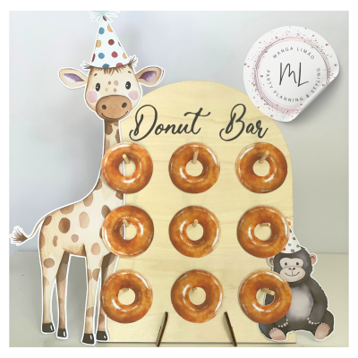 Suporte para Donuts Tema Animais da Selva – Placa de Madeira com 9 Ganchos