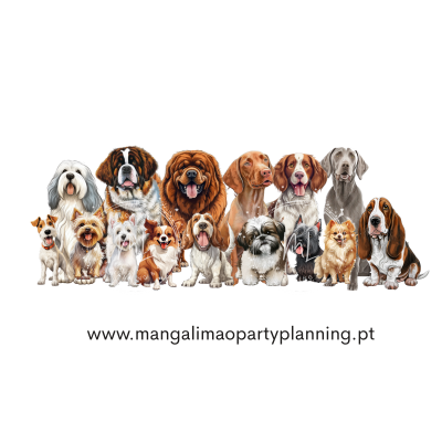 Desenho de várias raças de cães alinhados com texto de website abaixo