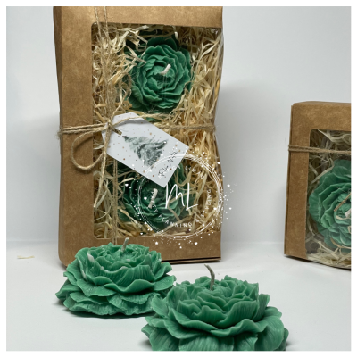Caixa de 2 Velas Verdes em Forma de Peónia com Tag de Natal | Aroma a Canela | Presente de Natal Exclusivo