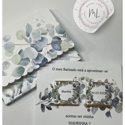 Pack Personalizável Tema Eucalipto | Envelope com Cartão, Napolitanas e Convite Digital Grátis