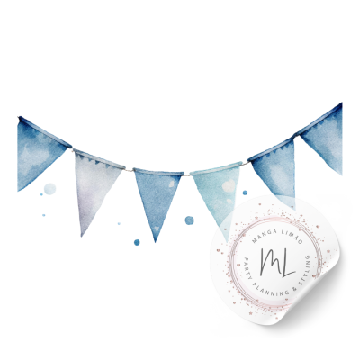 bandeirinhas de tecido azul em estilo aquarela com selo branco com texto MANGA LIMÃO