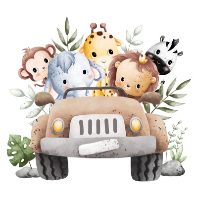 Carro castanho com quatro animais de desenho animado rodeados por folhas verdes