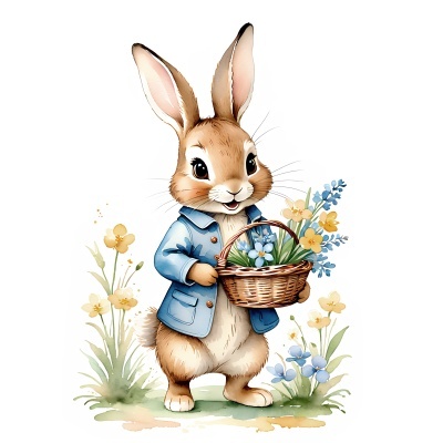 Ilustração de coelho castanho com casaco azul e cesto de flores