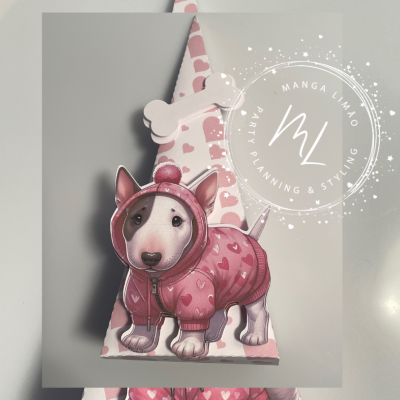 Caixa triangular rosa com padrão de corações e cão vestido com casaco rosa