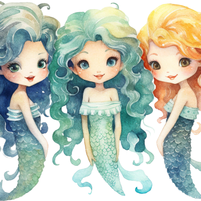 Três bonecas sereias coloridas em estilo cartoon com caudas escamosas e cabelos ondulados