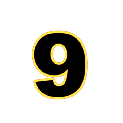 Número 9 preto com contorno amarelo e vermelho