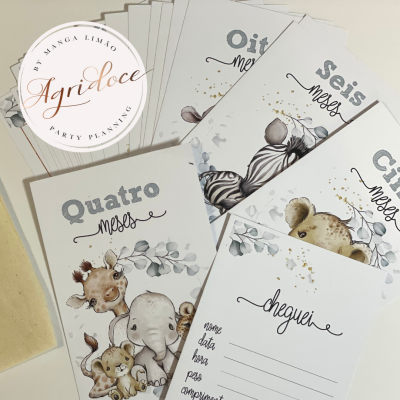 Cartões mensais para bebé com ilustrações de animais e texto em português