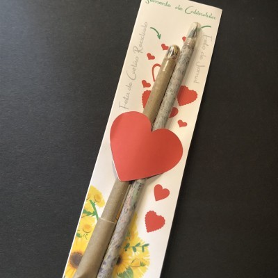 Conjunto de lápis decorativos com embalagem branca e coração vermelho