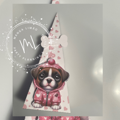 Embalagem triangular com estampa de cachorro vestido cor-de-rosa