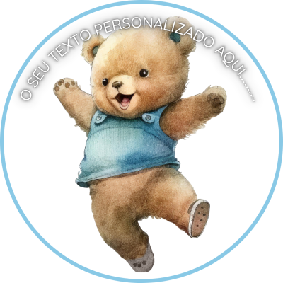 Ursinho de pelúcia com vestido azul e texto personalizável em fundo branco circular.