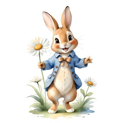 Ilustração de coelho castanho claro com casaco azul segurando flor