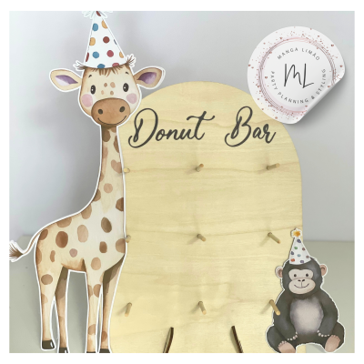 Suporte para Donuts Tema Animais da Selva – Placa de Madeira com 9 Ganchos