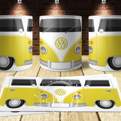 Mugs e tapete com design do autocarro Volkswagen amarelo e branco