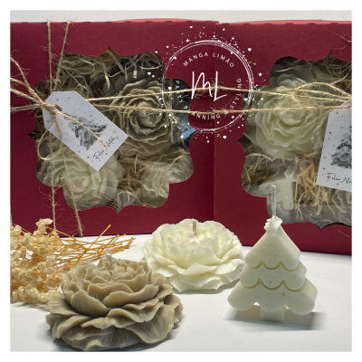 Caixa Presente Trio Velas Artesanais Flor Peónia – Tons Pastel – Aroma Maçã & Canela | Manga Limão