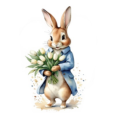 Ilustração de coelho castanho com casaco azul segurando tulipas brancas