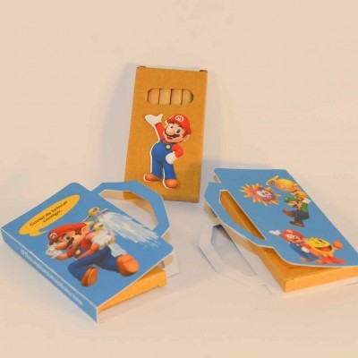 Caixas de papelão azul com imagens do personagem Mario