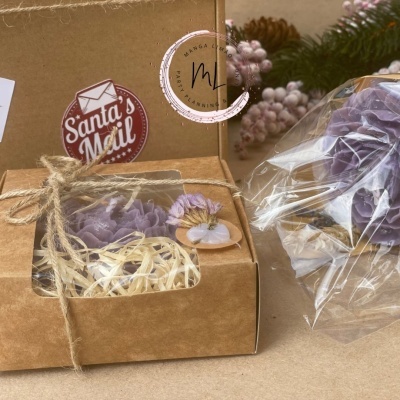 Caixa de cartão castanha com flores secas e etiqueta Santa's Mail