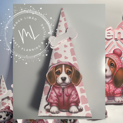 Caixa de presente cone com cachorro em capuz rosa