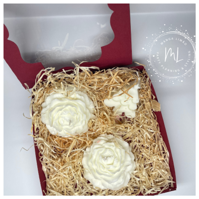 Caixa Bordeaux com Janela – Velas Decorativas em Forma de Flor Peónia e Árvore de Natal | Presente de Natal Elegante
