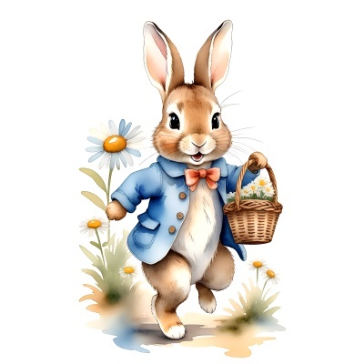 Coelho ilustrado com casaco azul e cesto de flores brancas