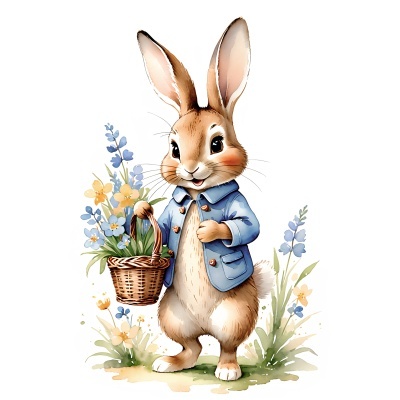 Ilustração de coelho com casaco azul e cesto de flores