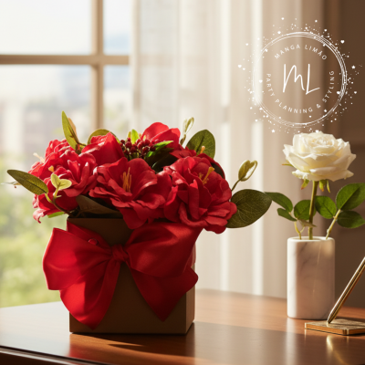 Arranjo floral artificial com flores vermelhas e rosa branca em vaso, sobre mesa de madeira junto a janela