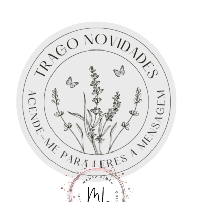 Etiqueta redonda cinza claro com texto e desenho de flores e borboletas a preto